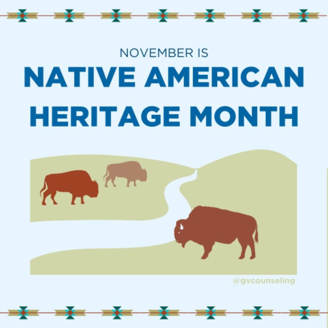 Illustration of three bison grazing along a river on green plains. Text reads "November is Native American Heritage Month" in bold blue letters.